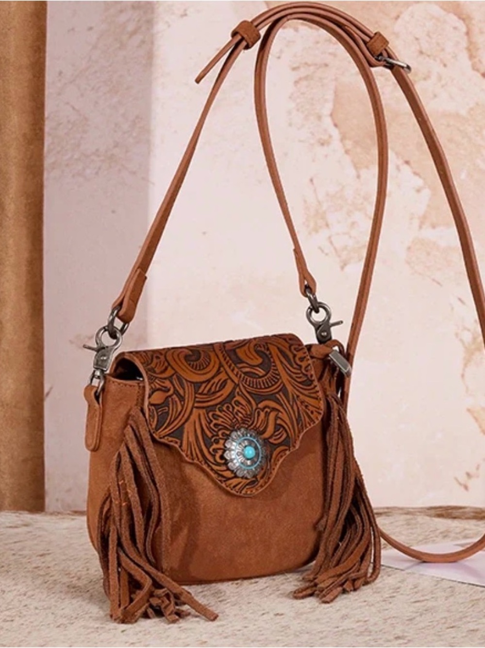 Montana West Tan Suede Crossbody with Tooled Flap and Turquoise Concho